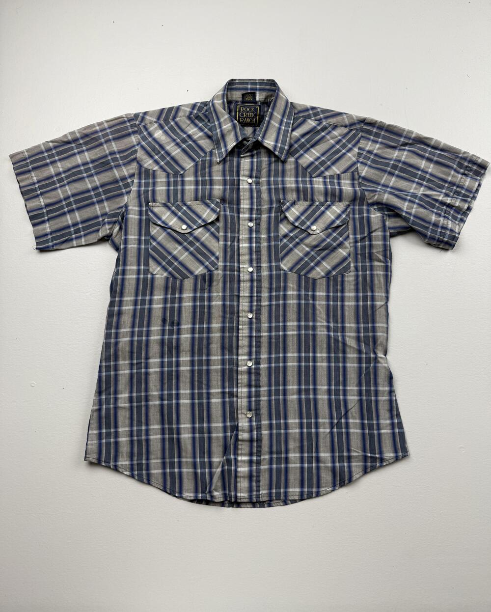 Rock Creek Ranch Shirt Mens Medium Blue Plaid Short Sleeve Western Snap Casual